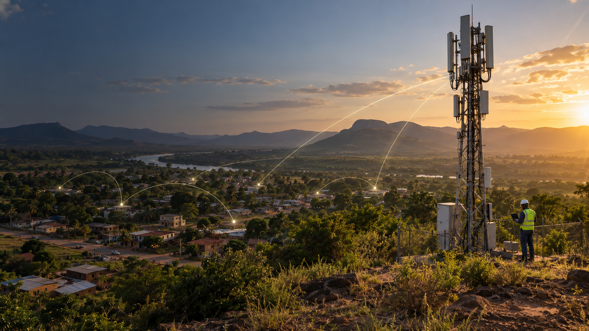 Wireless tower overlooking a community at sunset, illustrating TEK’s local network vision