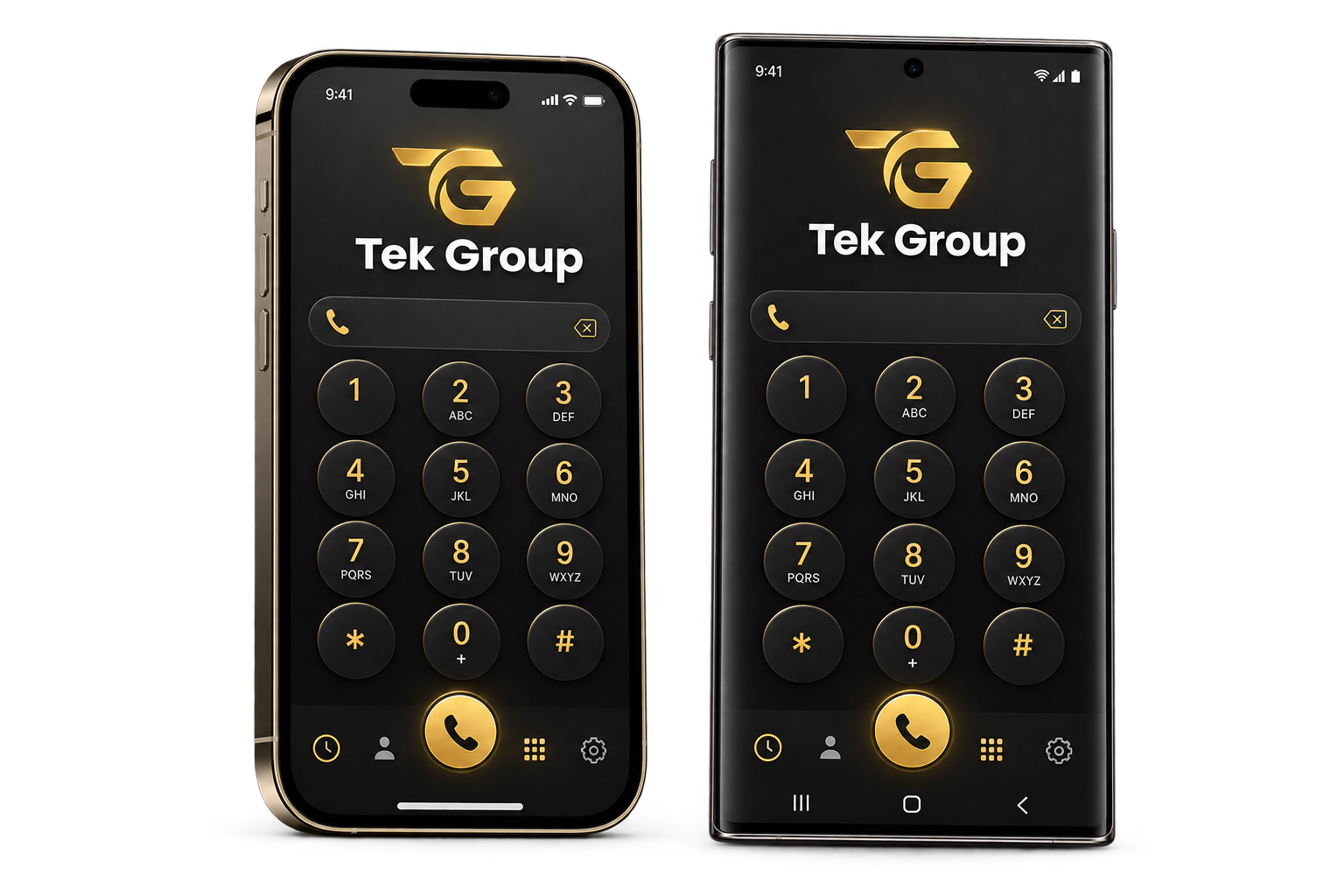 TEK Group calling app shown on iPhone and Samsung style phones